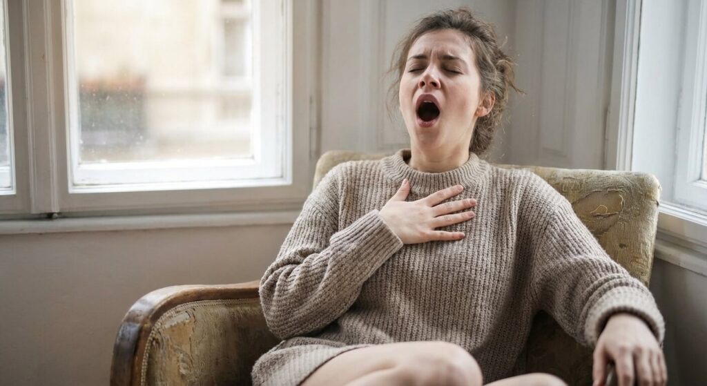 Obligé de bâiller pour respirer à fond : Le symptôme de la soif d'air 2 Jeune femme soupirant et bâillant profondément pour tenter de retrouver une respiration satisfaisante