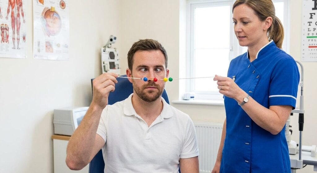 Patient réalisant un exercice de rééducation de la convergence oculaire lors d'une séance chez l'orthoptiste