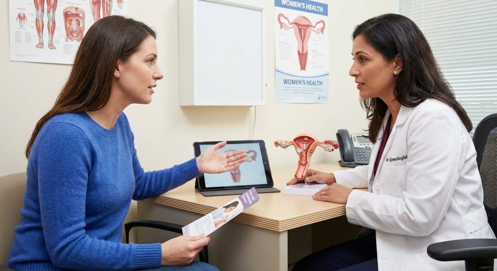 Patiente en consultation gynécologique discutant du retrait de son dispositif intra-utérin (DIU)