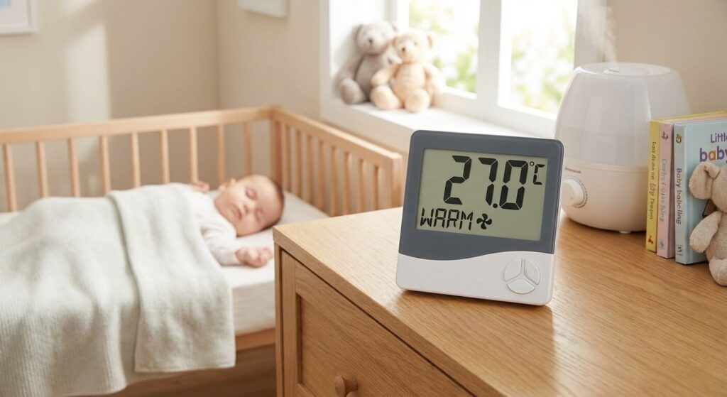 Thermomètre d'intérieur affichant une température de 27 degrés Celsius dans la chambre d'un nourrisson