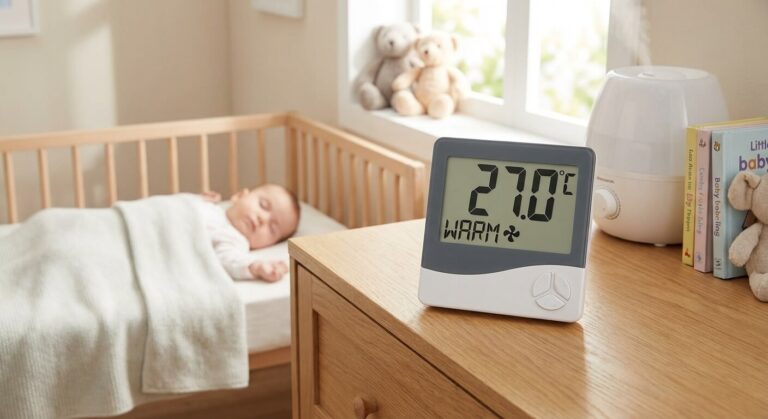 Thermomètre d'intérieur affichant une température de 27 degrés Celsius dans la chambre d'un nourrisson