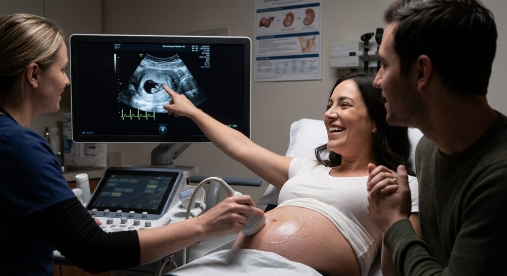 Patiente regardant l'écran de l'échographe lors d'une échographie de datation en début de grossesse