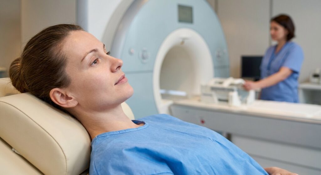 IRM et maquillage : Faut-il se démaquiller avant l'examen ? 2 Patiente s'apprêtant à passer un examen IRM avec le visage parfaitement démaquillé