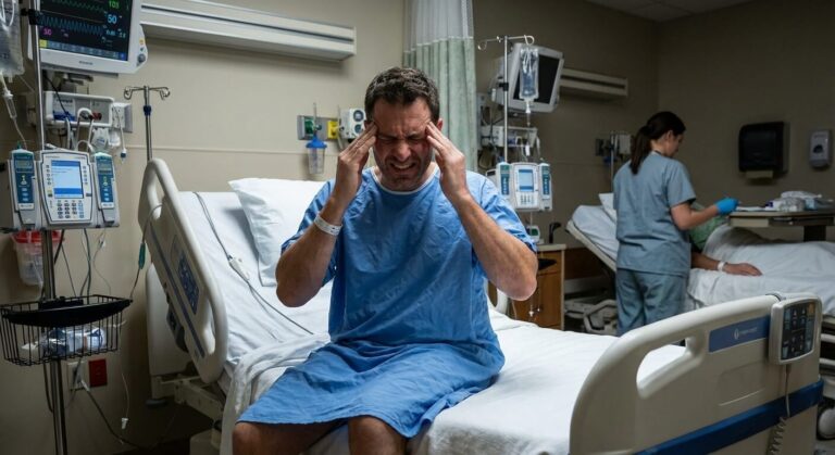 Accueil 2 Patient en salle de réveil post-opératoire se massant les tempes suite à des céphalées