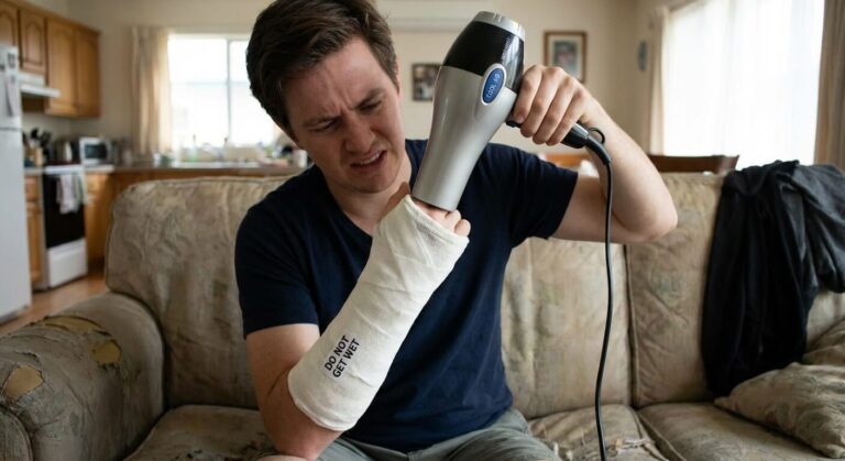 Accueil 1 Patient tentant de sécher l'intérieur de son plâtre médical humide avec un sèche-cheveux sur position air froid