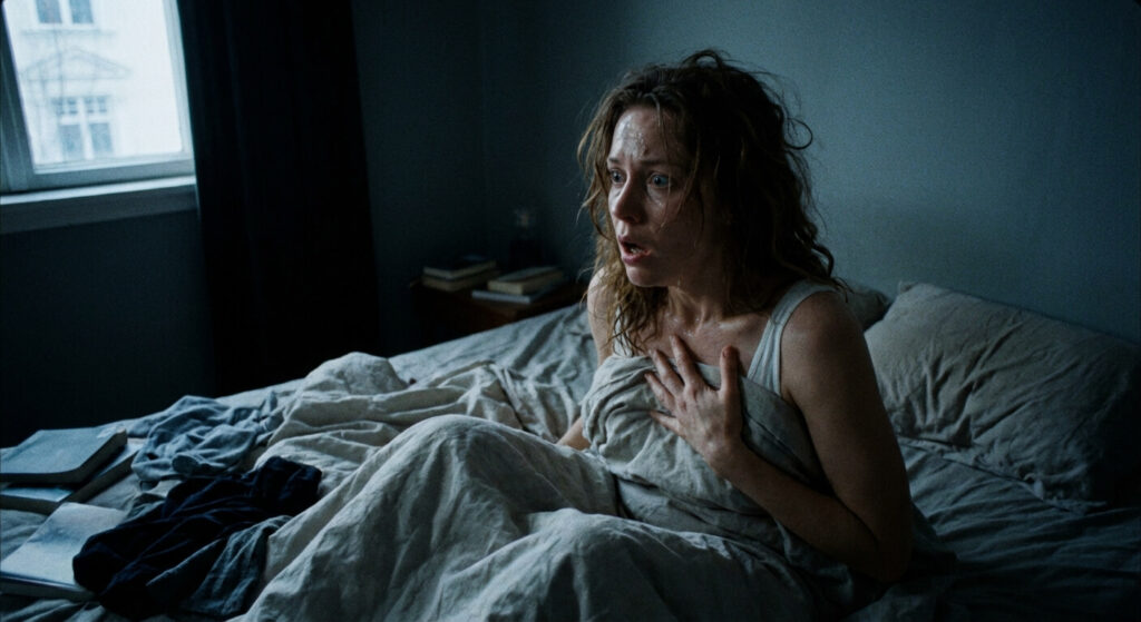 Rêver de s'étouffer : Signification psychologique et causes physiques 2 Femme se réveillant en sursaut dans son lit, cherchant son souffle après un cauchemar oppressant