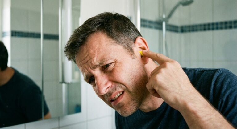 Accueil 1 Homme inquiet touchant son oreille, ressentant un bouchon de protection auditive coincé dans le conduit