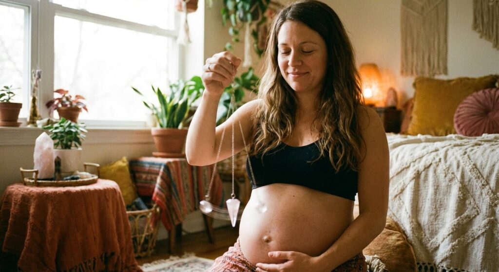 Femme enceinte utilisant un pendule de radiesthésie au-dessus de son ventre pour deviner le sexe du bébé