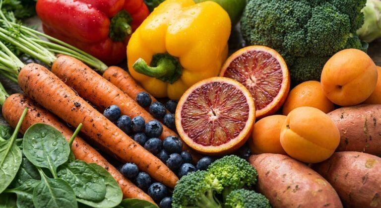 Accueil 1 Gros plan sur une sélection de fruits et légumes frais colorés, sources de vitamines pour une bonne vision.