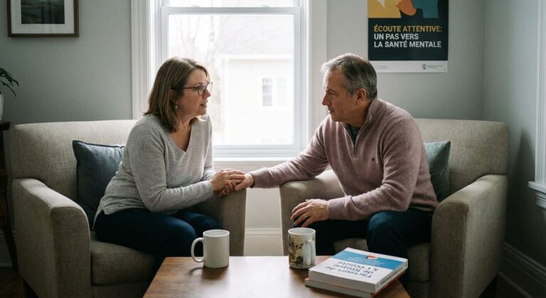 Deux personnes discutant calmement, illustrant l'importance de l'écoute face aux facteurs de risque de la dépression.