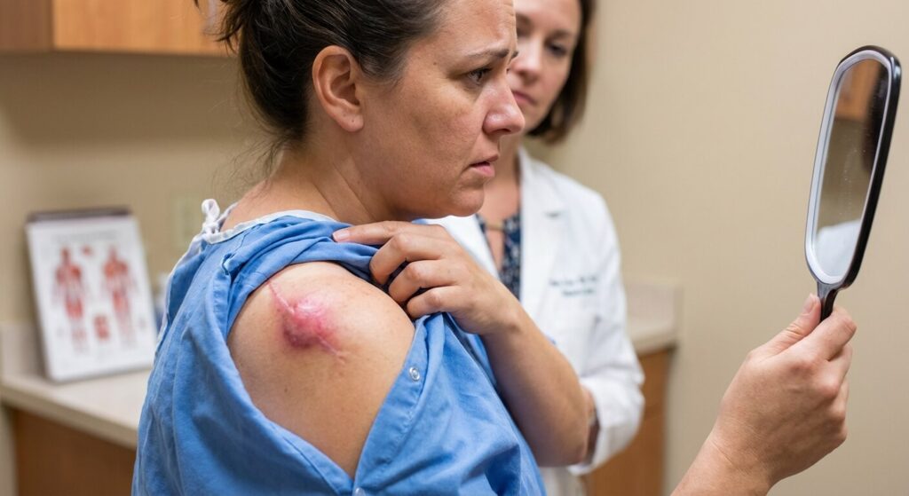 Patiente observant une rougeur anormale sur sa cicatrice après le retrait chirurgical d'un nævus