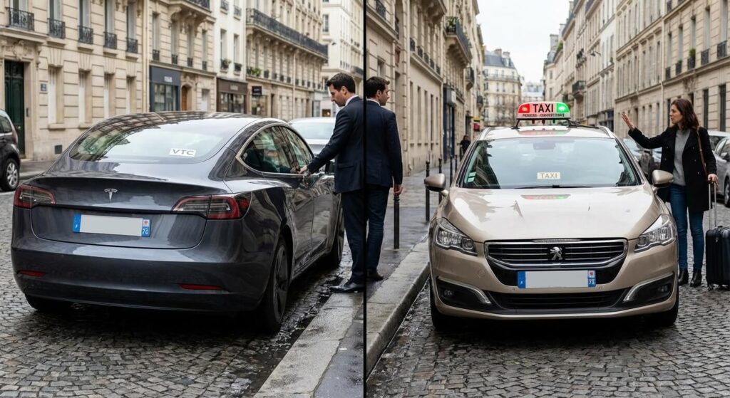 Comparatif visuel entre une berline VTC sans enseigne et un Taxi doté de son signal lumineux "Conventionné"