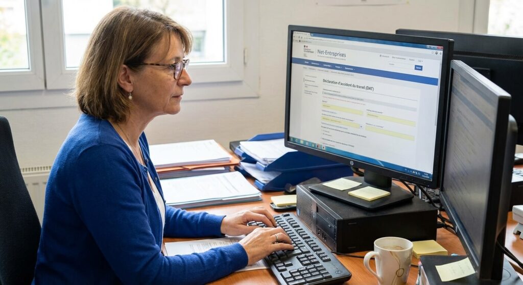 Employé des ressources humaines remplissant la déclaration d'accident du travail sur le portail Net-Entreprises