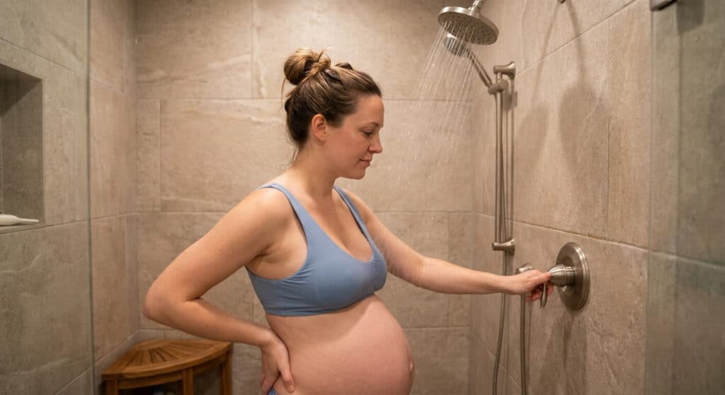Douche chaude enceinte : Quels sont les risques et les précautions ? 2 Femme enceinte profitant d'une douche relaxante en réglant la température de l'eau pour soulager ses douleurs lombaires