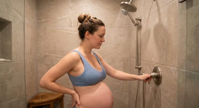 Accueil 1 Femme enceinte profitant d'une douche relaxante en réglant la température de l'eau pour soulager ses douleurs lombaires