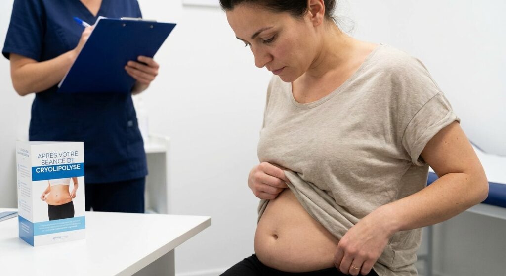 Cryolipolyse et ventre gonflé : Est-ce une réaction normale ? 2 Patiente observant son abdomen légèrement distendu quelques jours après une séance de cryolipolyse