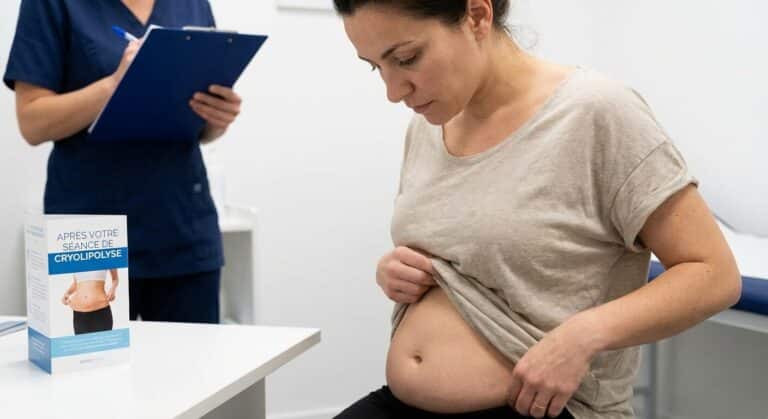 Patiente observant son abdomen légèrement distendu quelques jours après une séance de cryolipolyse
