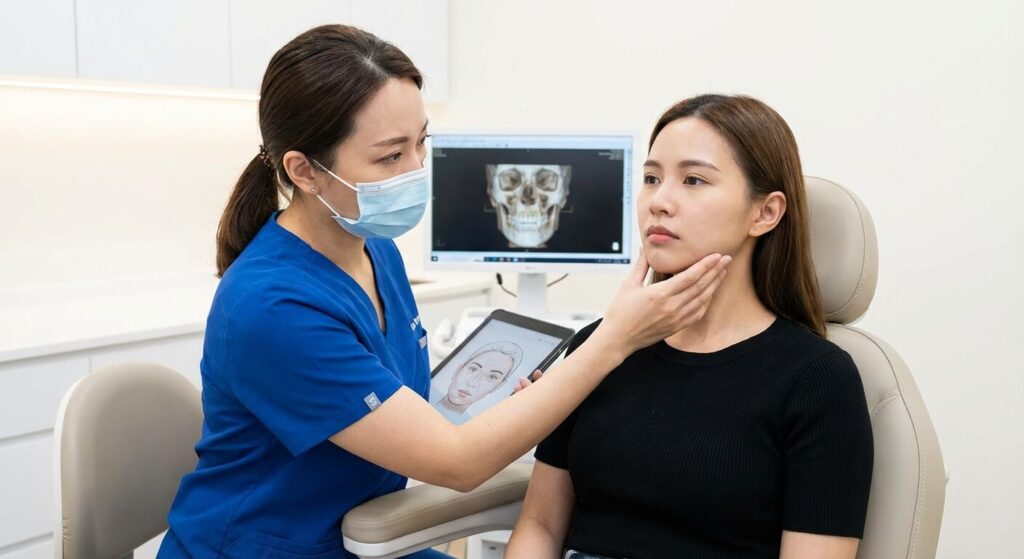 Jawline raté : Comment corriger des injections mal réalisées ? 2 Médecin esthétique examinant l'asymétrie de la mâchoire d'une patiente suite à de mauvaises injections