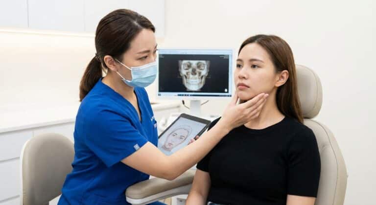 Médecin esthétique examinant l'asymétrie de la mâchoire d'une patiente suite à de mauvaises injections