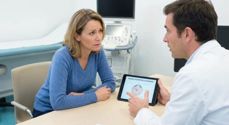 Patiente écoutant attentivement les explications médicales sur les risques liés au traitement par ultrasons