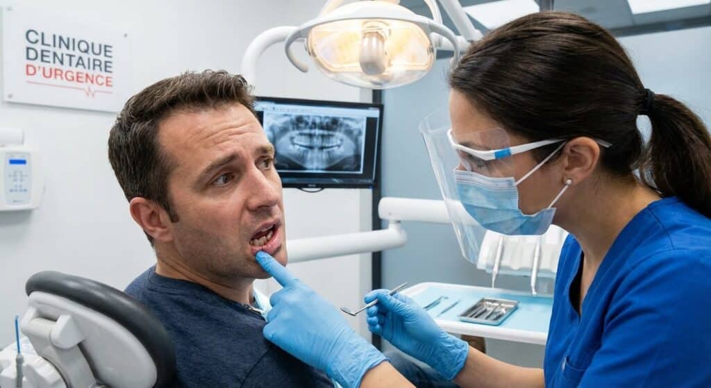Patient montrant une incisive centrale fracturée lors d'une consultation d'urgence chez le dentiste