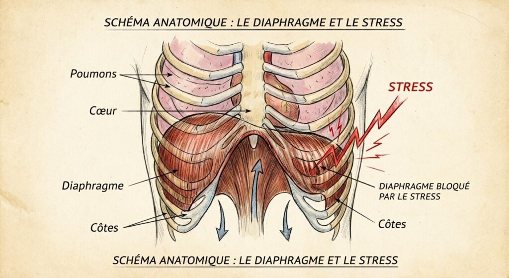 Obligé de bâiller pour respirer à fond : Le symptôme de la soif d'air 3 Schéma anatomique illustrant le diaphragme, muscle principal de la respiration souvent bloqué par le stress