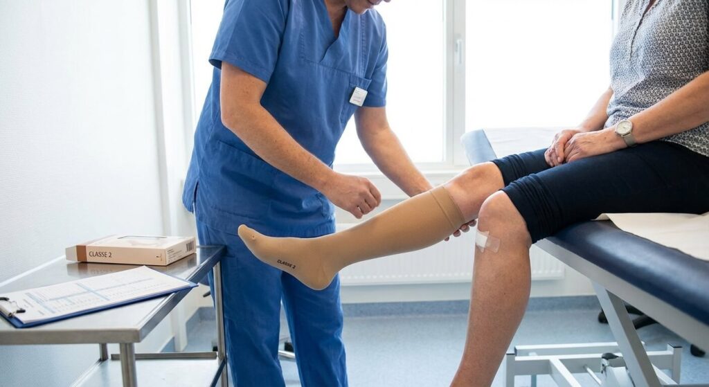 Mise en place de bas de contention de classe 2 sur une jambe opérée pour réduire l'inflammation