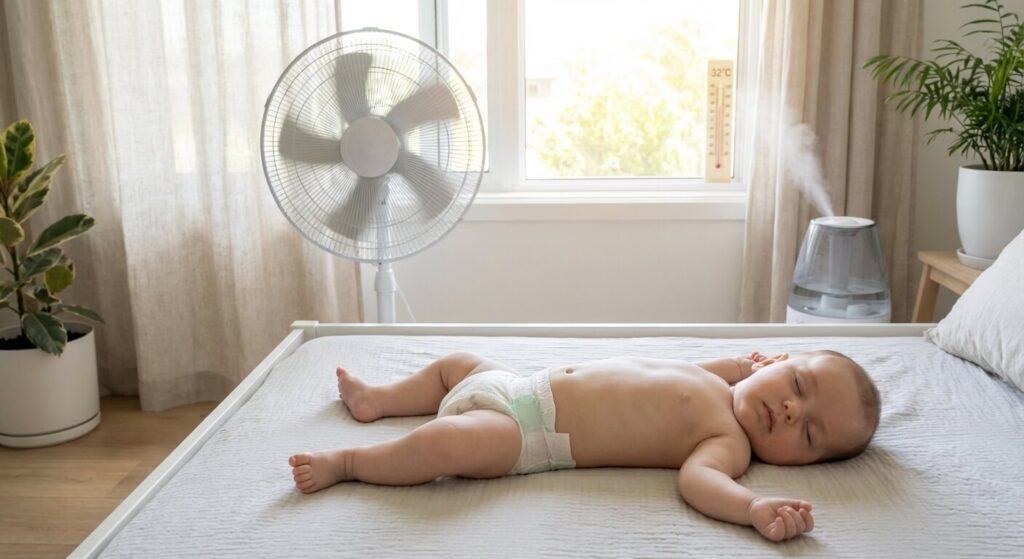 Nourrisson dormant paisiblement en simple couche dans une pièce ventilée pendant les fortes chaleurs estivales