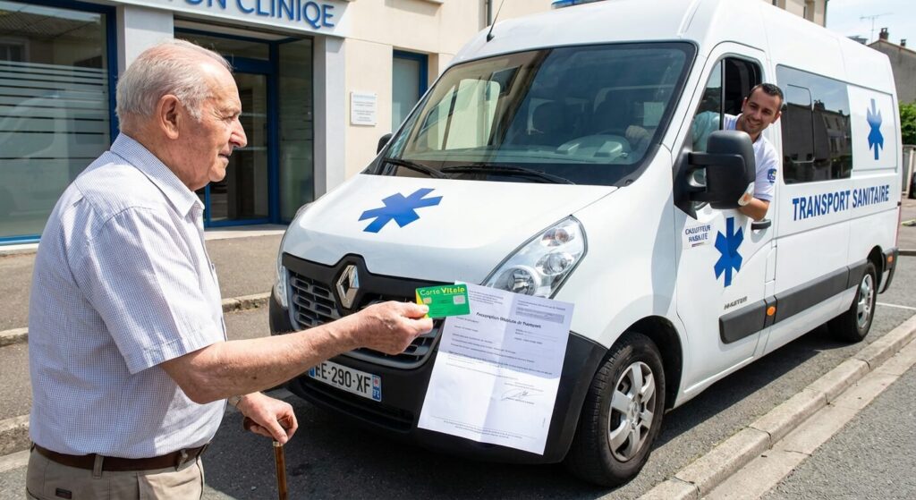 Patient tendant sa carte Vitale et sa prescription médicale de transport à un chauffeur habilité