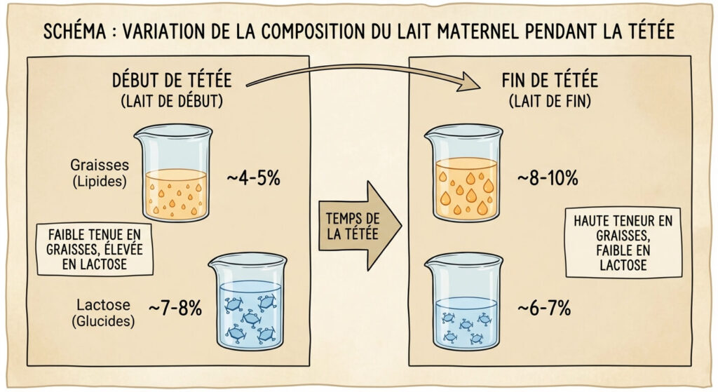 Schéma illustrant la différence de teneur en graisses et en lactose entre le lait maternel de début et de fin de tétée