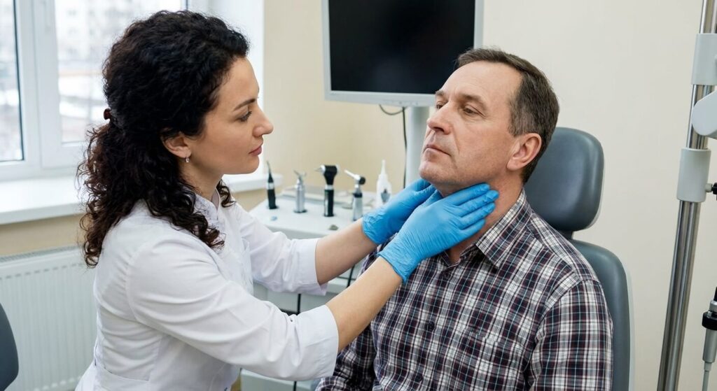 Cartilage thyroïde qui craque : Faut-il s'en inquiéter ? 3 Médecin ORL palpant délicatement le larynx d'un patient se plaignant d'un craquement lors de la déglutition