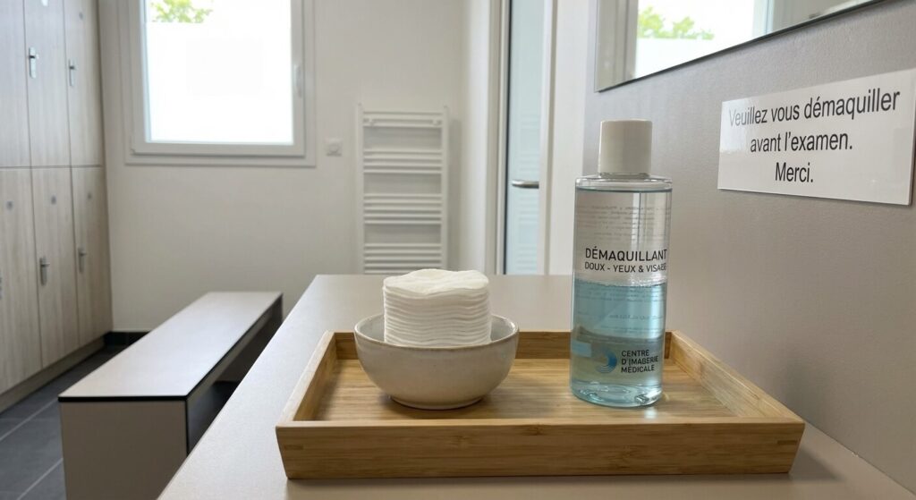 IRM et maquillage : Faut-il se démaquiller avant l'examen ? 3 Coton et flacon de démaquillant mis à disposition dans le vestiaire d'un centre d'imagerie médicale