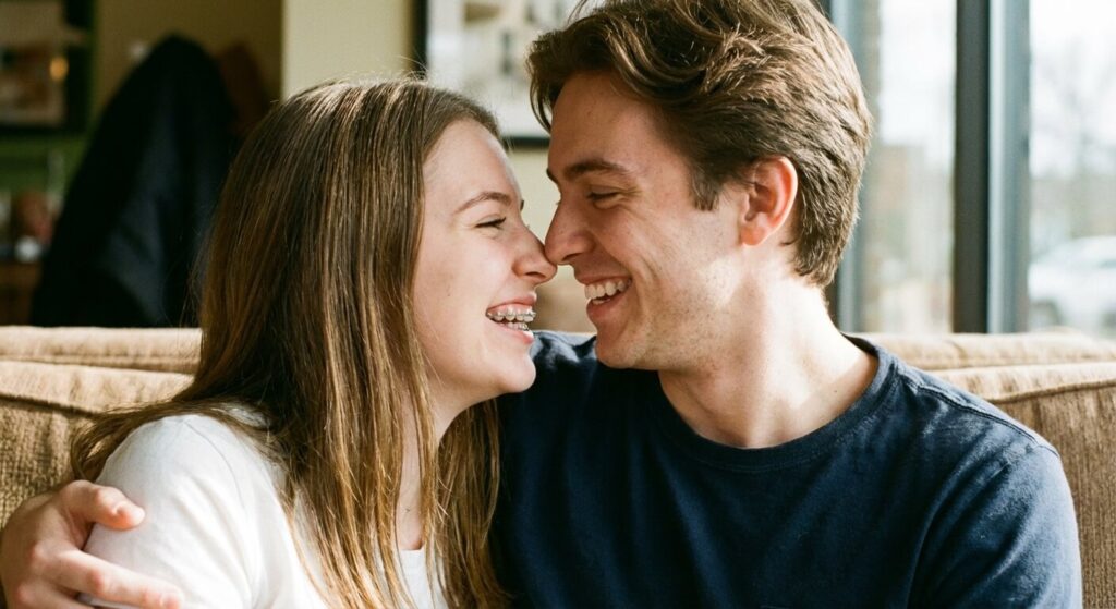 Couple partageant un moment de tendresse, illustrant l'absence de gêne intime avec un traitement orthodontique moderne