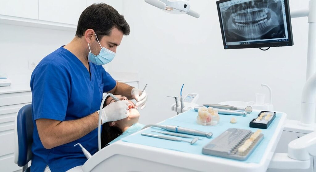 Chirurgien-dentiste préparant la pose d'une couronne en céramique ultra-réaliste pour remplacer une dent de devant