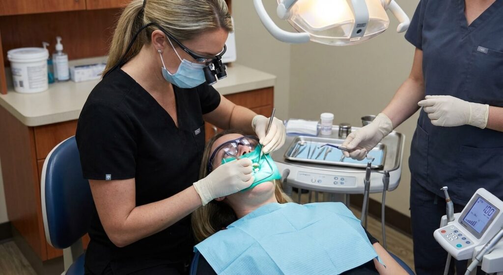 Chirurgien-dentiste préparant les canaux radiculaires avant la pose d'une obturation définitive