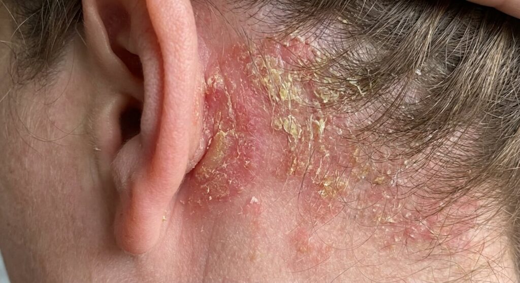 Odeur derrière l'oreille : Pourquoi cette zone sent-elle mauvais ? 3 Plaque rouge avec des squames jaunâtres derrière l'oreille, caractéristique d'une dermatite séborrhéique