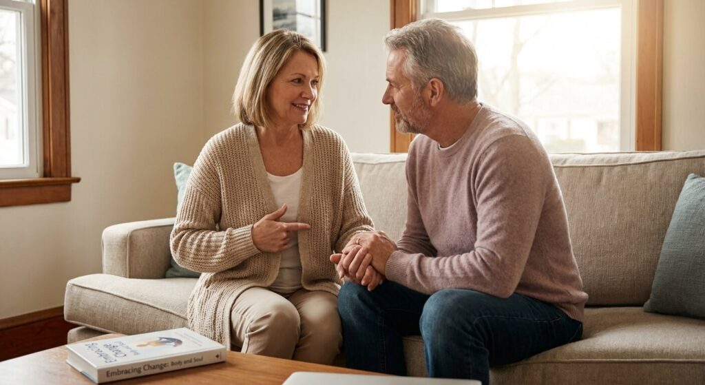 Échange bienveillant entre conjoints pour aborder les changements de silhouette et relancer la séduction