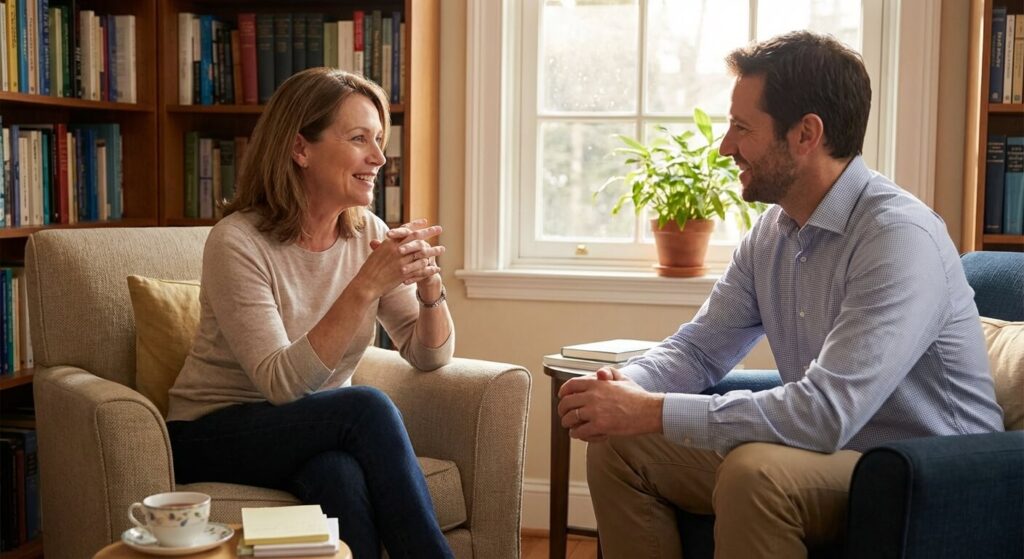 Patient discutant sereinement de la fin de sa thérapie avec son psychiatre lors d'une consultation de clôture