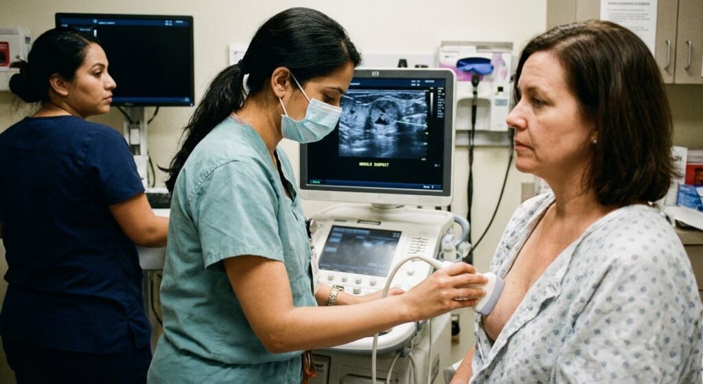 Médecin réalisant une biopsie sous contrôle échographique pour analyser un nodule mammaire suspect
