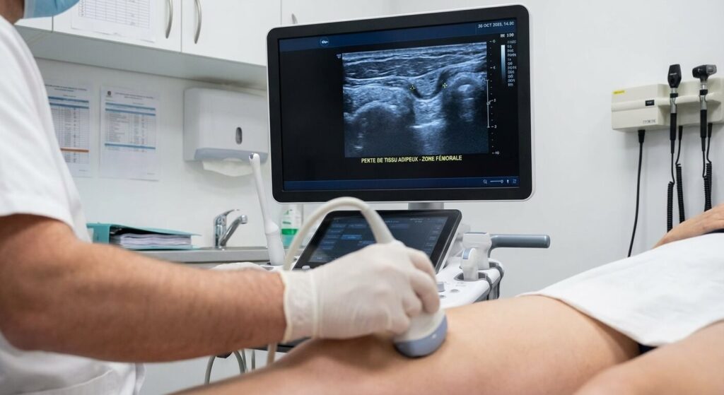 Échographie médicale permettant d'analyser la perte de tissu adipeux formant une encoche sur la jambe