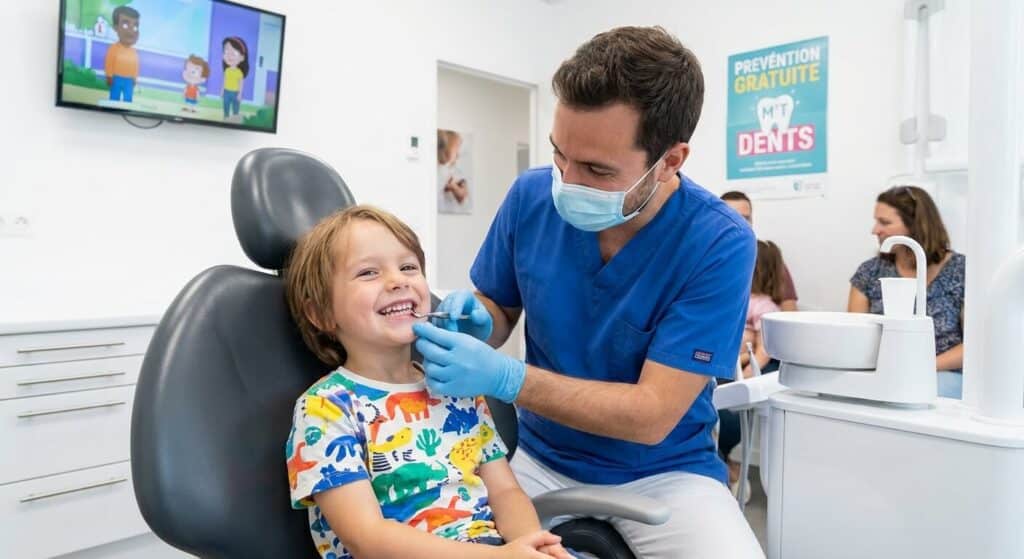 Formulaire M'T Dents perdu : Comment récupérer votre bon de prise en charge ? 3 Enfant souriant sur le fauteuil d'un cabinet dentaire lors de son examen de prévention gratuit