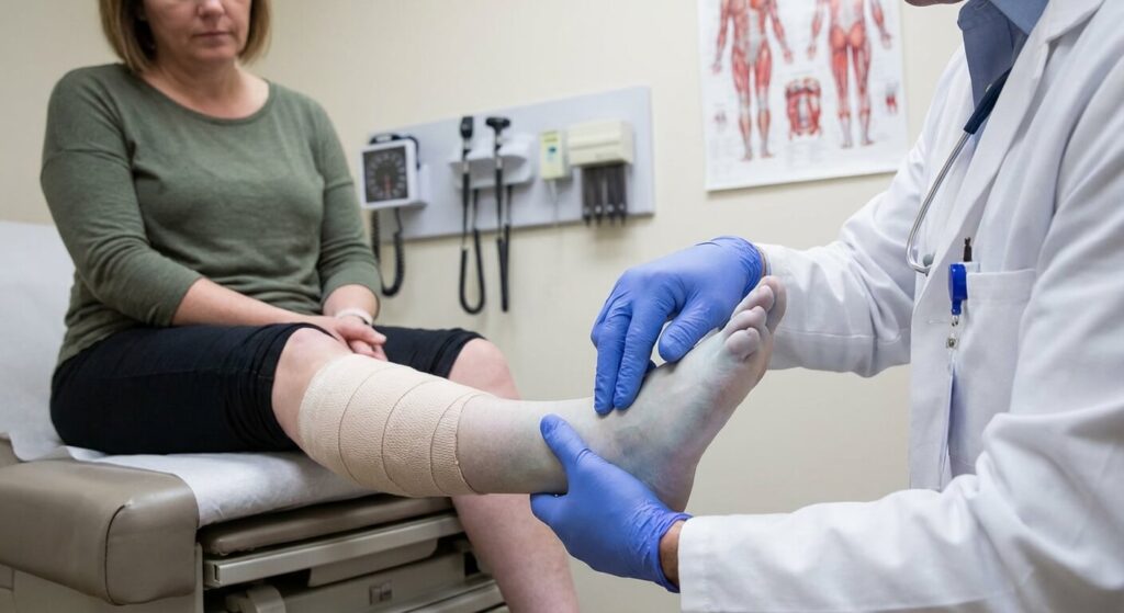 Pied froid après une opération du genou : Causes et signes d'alerte 3 Examen médical de la coloration et du pouls d'un pied froid suite à une chirurgie orthopédique du membre inférieur