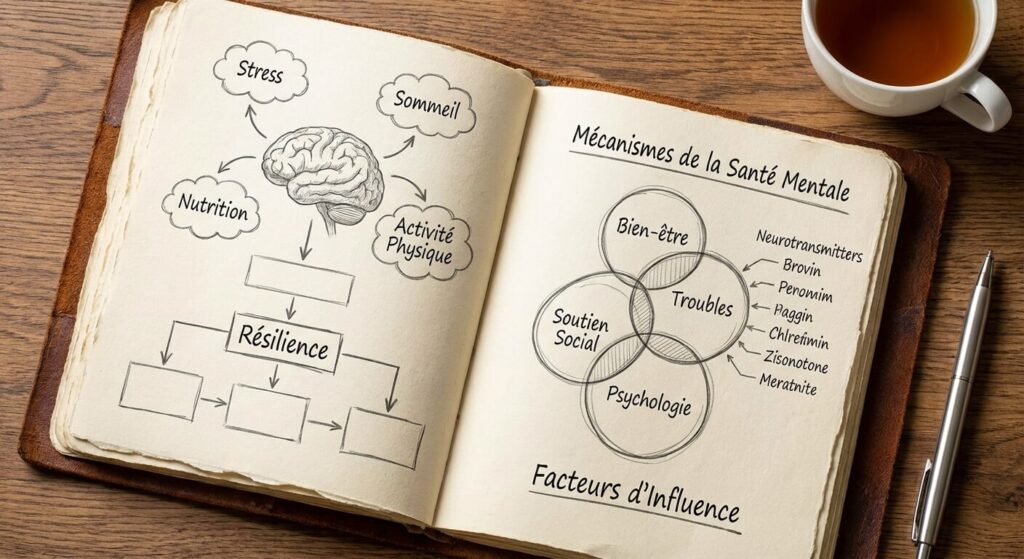 Un carnet de notes ouvert avec des schémas explicatifs sur les mécanismes de la santé mentale.