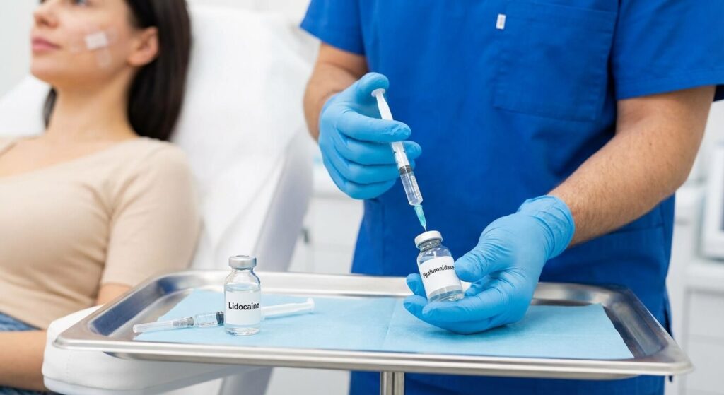 Jawline raté : Comment corriger des injections mal réalisées ? 3 Préparation d'une injection d'hyaluronidase destinée à dissoudre des excédents d'acide hyaluronique