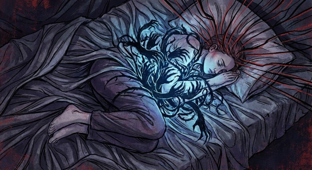 Rêver de s'étouffer : Signification psychologique et causes physiques 3 Illustration conceptuelle d'une personne ressentant une oppression thoracique liée au stress pendant son sommeil