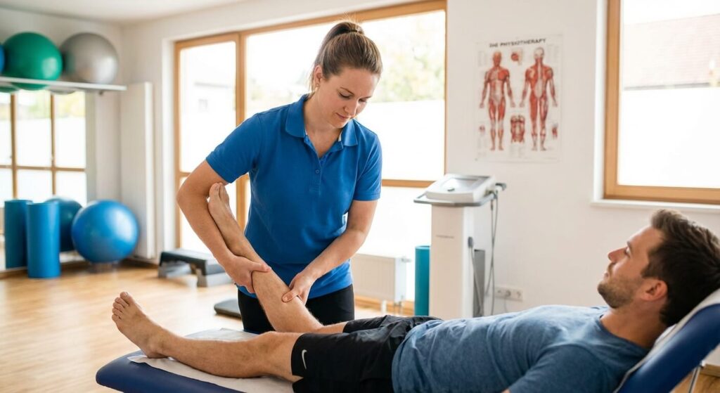 Séance de kinésithérapie avec mobilisation douce de la cheville pour retrouver de l'amplitude articulaire