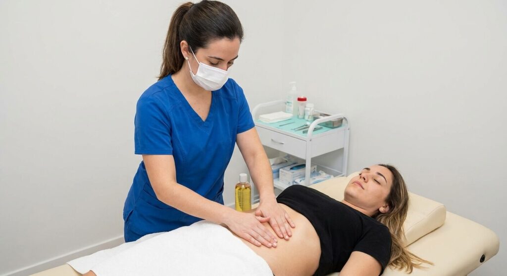 Cryolipolyse et ventre gonflé : Est-ce une réaction normale ? 3 Praticienne réalisant un massage drainant doux sur le ventre d'une patiente pour accélérer la résorption de l'œdème