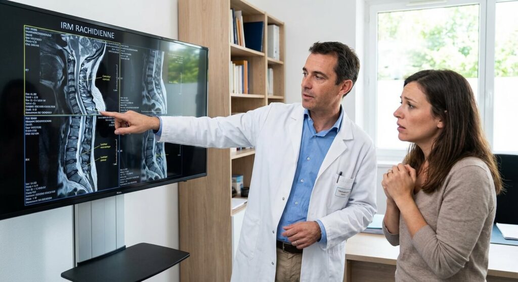 Médecin neurologue expliquant les résultats d'une IRM rachidienne à un patient inquiet