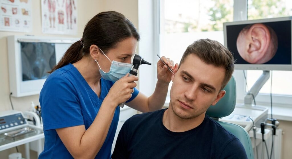 Boule Quies trop enfoncée dans l'oreille : Que faire en urgence ? 3 Médecin ORL utilisant un otoscope et une micropince pour extraire un objet étranger du conduit auditif