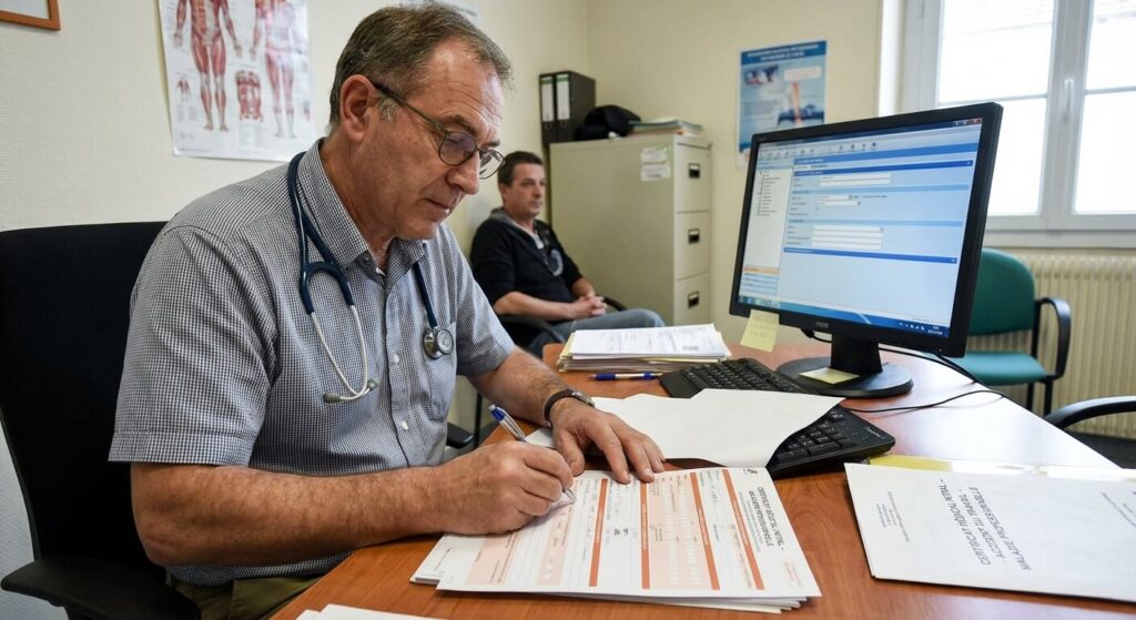 Médecin généraliste rédigeant le certificat médical initial obligatoire pour la reconnaissance d'un sinistre professionnel
